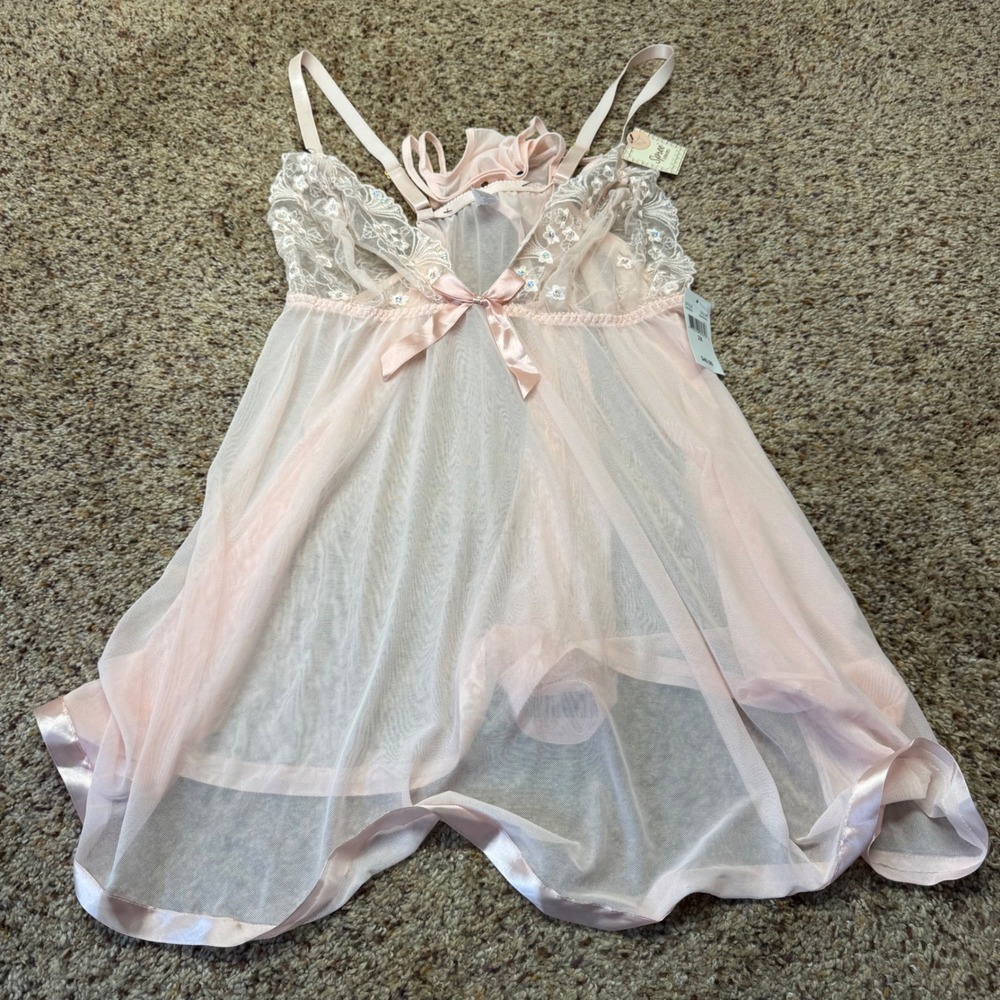 Spree Intimates Pearl Pink Lace Sequin Babydoll G-String Set 2X 2650BDX NEW